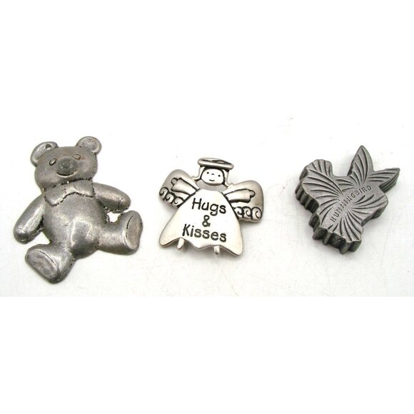 Pieces / Torino / Mixed Jewelry - 3 Vintage Metal Silver Pewter Jewelry Pieces Bear Angel Hummingbird Crafts Melt